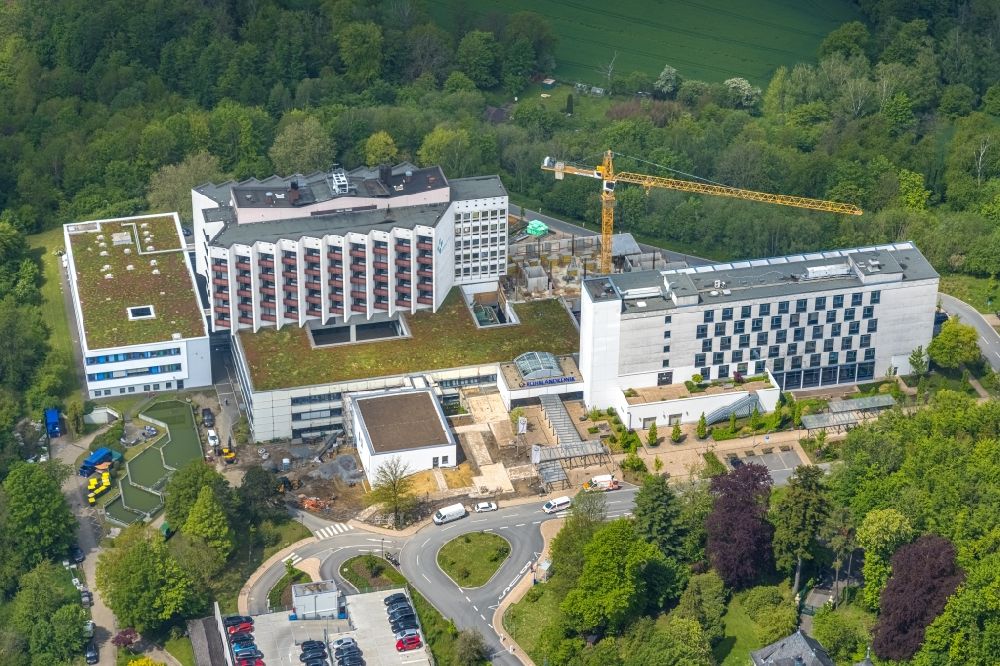 Essen from above - Construction site for a new extension on the clinic grounds of the hospital Ruhrlandklinik Center for Rare Lung Diseases in Essen in the Ruhr area in the state North Rhine-Westphalia, Germany