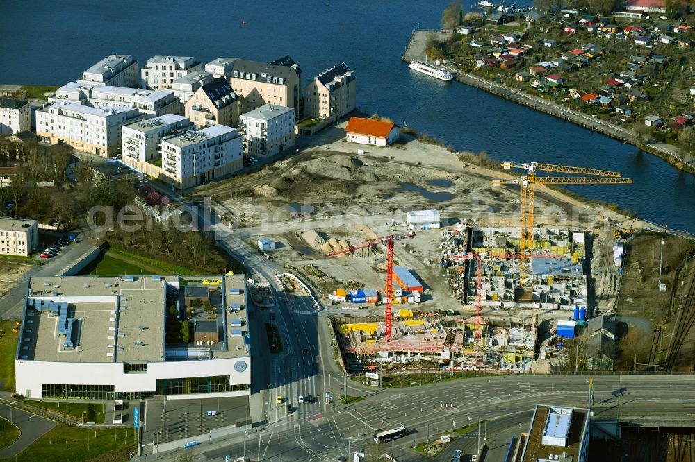 Aerial image Potsdam - Construction site for a new residential and hotel building Havel Quartier Potsdam - HQP, on the banks of the Havel - Leipziger Strasse in the city center in Potsdam in the state Brandenburg, Germany