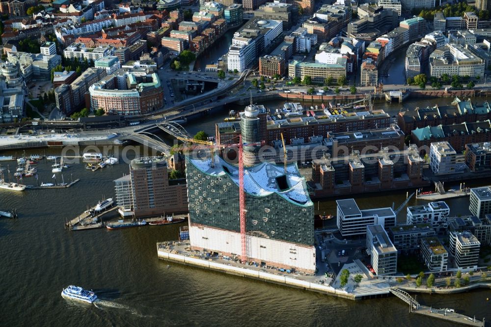 Aerial image Hamburg - Construction site of the Elbe Philharmonic Hall on the banks of the Elbe in the warehouse district of Hamburg