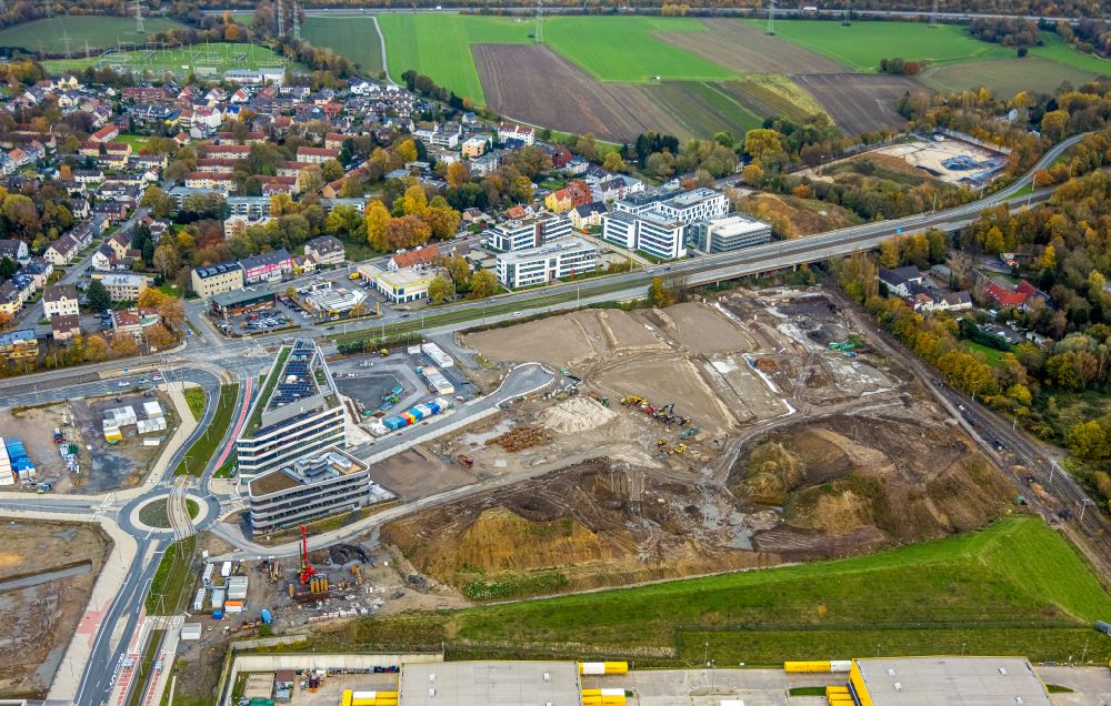 Bochum from the bird's eye view: Construction site to build the new building complex of the ZESS - Forschungszentrum in the development area MARK 517 on Hans-Dobbertin-Strasse in Bochum at Ruhrgebiet in the state North Rhine-Westphalia, Germany