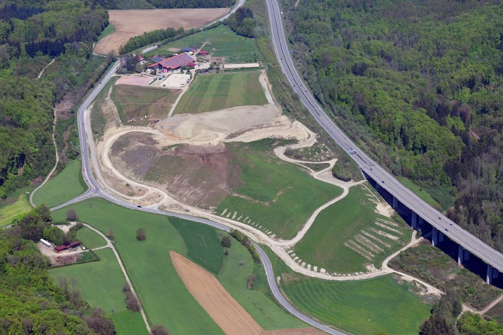 Aerial photograph Inzlingen - Construction site and earth dump from soil of the expansion of the motorway BAB A 98 in Inzlingen in the state Baden-Wurttemberg