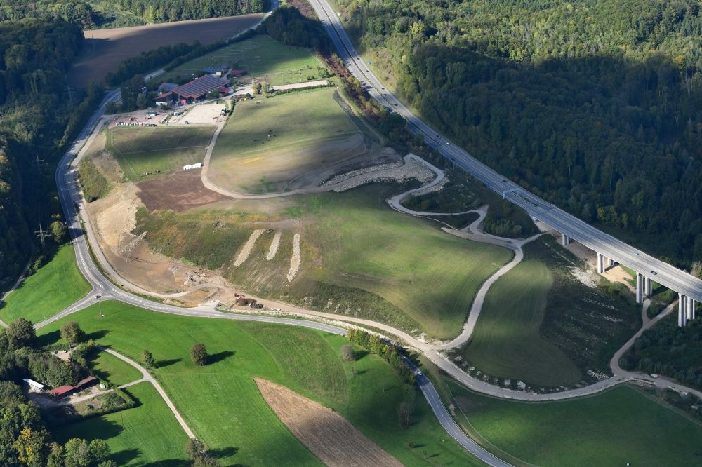 Inzlingen from above - Construction site and earth dump from soil of the expansion of the motorway BAB A 98 in Inzlingen in the state Baden-Wurttemberg