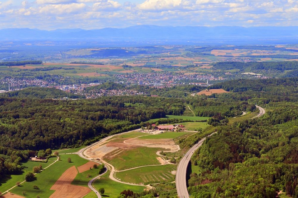 Aerial photograph Inzlingen - Construction site and earth dump from soil of the expansion of the motorway BAB A 98 in Inzlingen in the state Baden-Wurttemberg