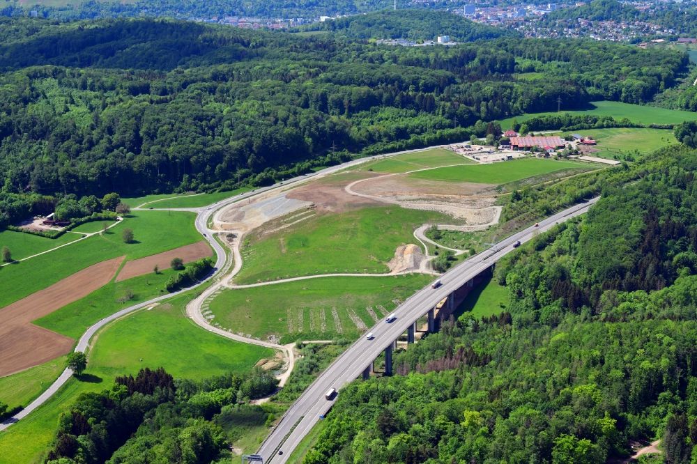 Inzlingen from above - Construction site and earth dump from soil of the expansion of the motorway BAB A 98 in Inzlingen in the state Baden-Wurttemberg