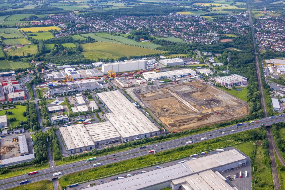 Aerial photograph Bönen - Construction site with development works and embankments works on Edisonstrasse in the district Westerboenen in Boenen at Ruhrgebiet in the state North Rhine-Westphalia, Germany