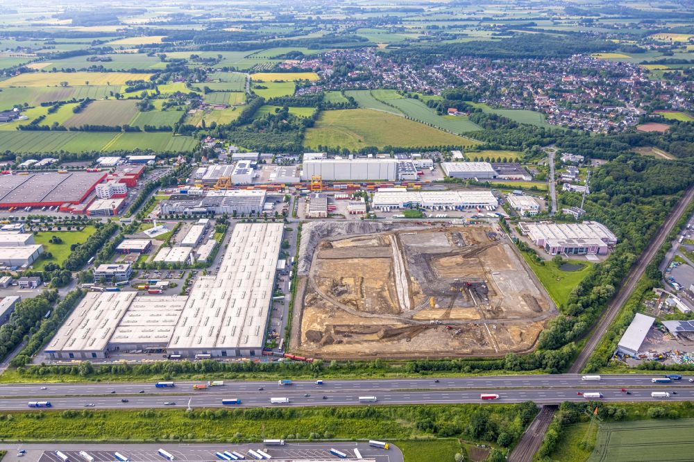 Bönen from above - Construction site with development works and embankments works on Edisonstrasse in the district Westerboenen in Boenen at Ruhrgebiet in the state North Rhine-Westphalia, Germany