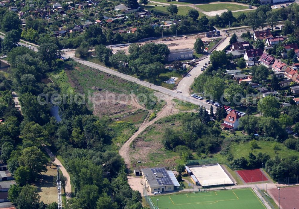 Erfurt from the bird's eye view: Construction site with development works and embankments works along the Gera on Auenstrasse for the preparation of the BUGA 2021 in the district Andreasvorstadt in Erfurt in the state Thuringia, Germany