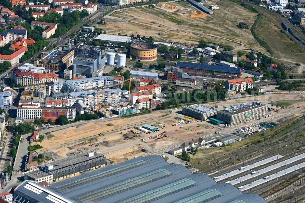Leipzig from above - Construction site with development works and embankments works along the Gueterstrasse in the district Zentrum in Leipzig in the state Saxony, Germany