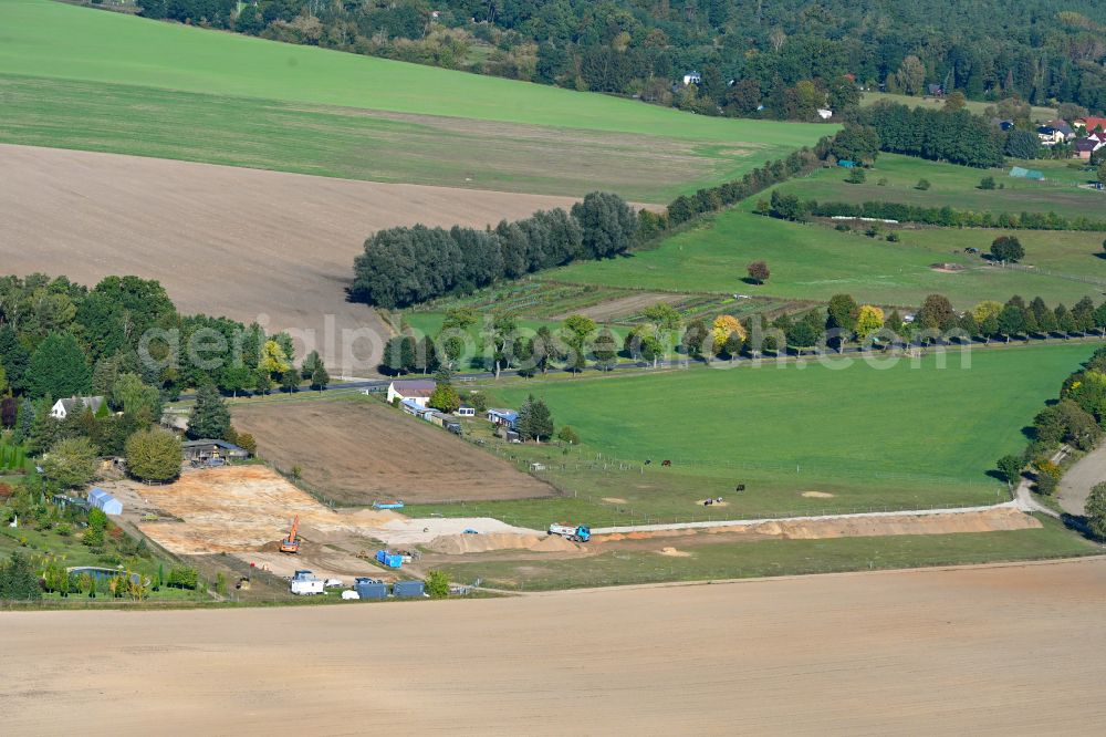 Rüdnitz from above - Construction site with development works and embankments works on street Bernauer Strasse in Ruednitz in the state Brandenburg, Germany