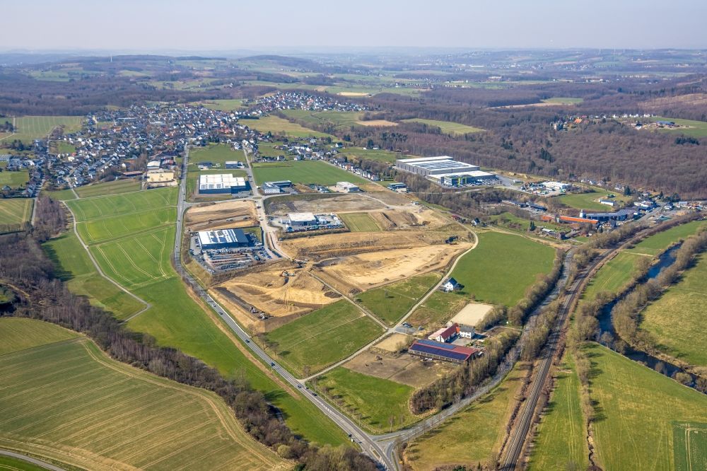 Aerial image Arnsberg - Construction site with development works and embankments works in the commercial area Gut Nierhof on Heiligenhausstrasse in the district Vosswinkel in Arnsberg at Sauerland in the state North Rhine-Westphalia, Germany