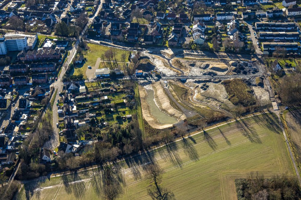Hamm from above - construction site with development works and embankments works on street Mennenkamp in the district Norddinker in Hamm at Ruhrgebiet in the state North Rhine-Westphalia, Germany