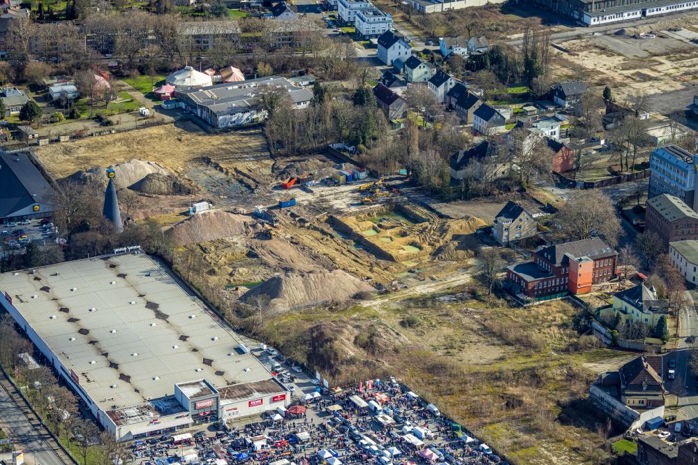 Herne from above - Construction site with development works and embankments works on street Dornstrasse in Herne at Ruhrgebiet in the state North Rhine-Westphalia, Germany