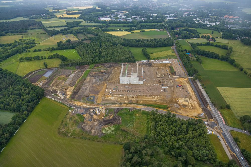 Aerial image Dorsten - Construction site with development and earth piling work on the industrial park Grosse Heide Wulfen on the site of the former Wulfen 1/2 pit of the Fuerst Leopold colliery in the district of Barkenberg in Dorsten in the Ruhr area in the state of North Rhine-Westphalia, Germany