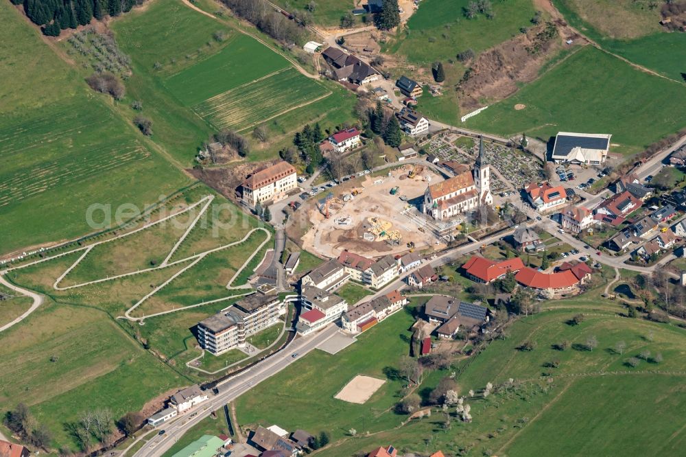 Nordrach from above - Construction site with development works and embankments works on Kirche in Nordrach in the state Baden-Wuerttemberg, Germany