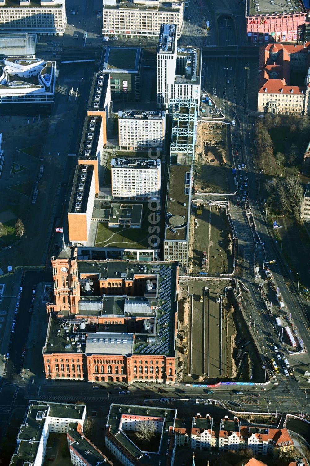 Berlin from the bird's eye view: Construction site with development works and embankments works as part of the reconstruction project on Molkenmarkt overlooking Rotes Rathaus along the Grunerstrasse in the district Mitte in Berlin, Germany