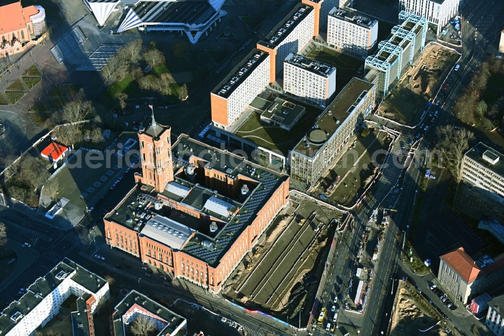 Aerial image Berlin - Construction site with development works and embankments works as part of the reconstruction project on Molkenmarkt overlooking Rotes Rathaus along the Grunerstrasse in the district Mitte in Berlin, Germany