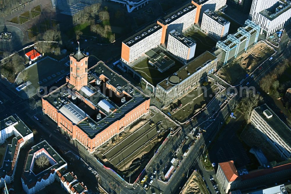 Aerial photograph Berlin - Construction site with development works and embankments works as part of the reconstruction project on Molkenmarkt overlooking Rotes Rathaus along the Grunerstrasse in the district Mitte in Berlin, Germany