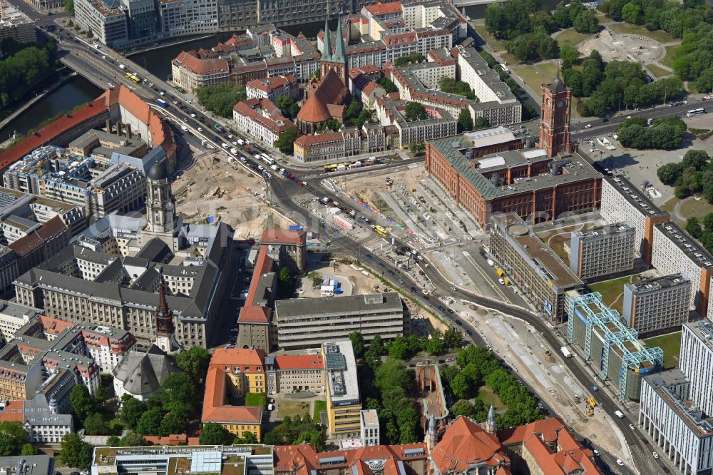 Berlin from above - Construction site with development works and embankments works as part of the reconstruction project on Molkenmarkt overlooking Rotes Rathaus along the Grunerstrasse in the district Mitte in Berlin, Germany