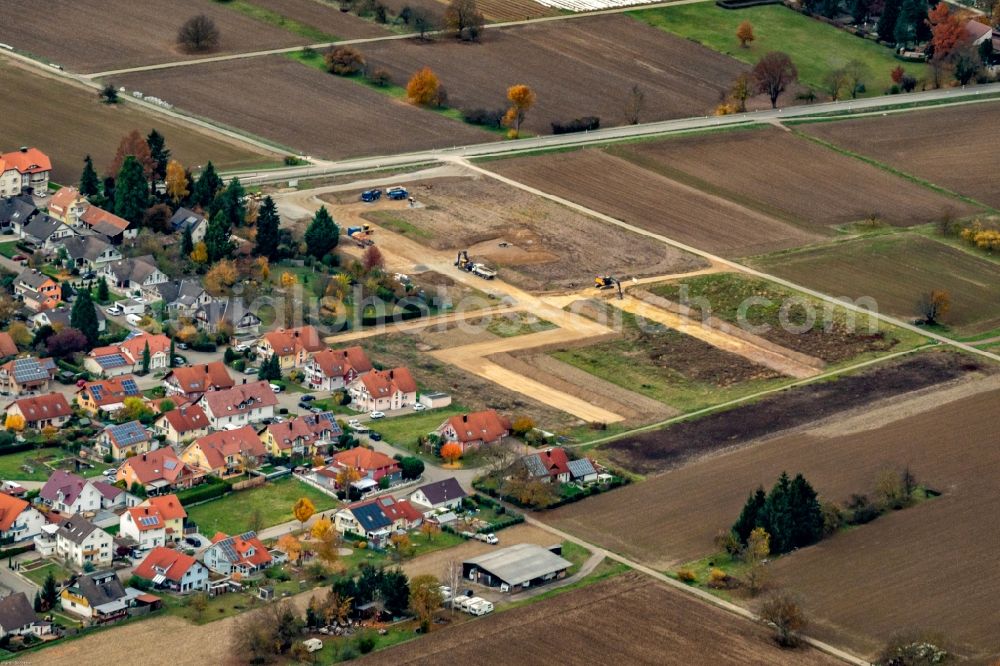 Aerial photograph Mahlberg - Construction site with development works and embankments works Neubau Wohngebiet Ortsteil Orschweier in Mahlberg in the state Baden-Wurttemberg, Germany