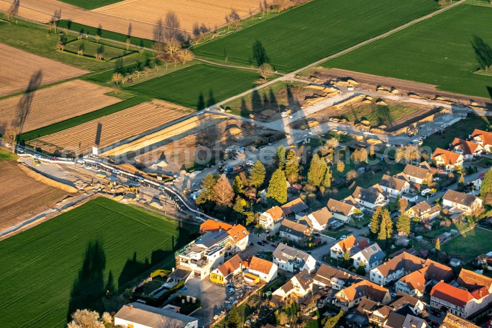 Aerial image Mahlberg - Construction site with development works and embankments works Neubau Wohngebiet Ortsteil Orschweier in Mahlberg in the state Baden-Wurttemberg, Germany