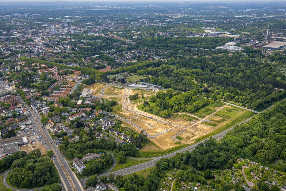 Bochum from above - Construction site with development works and embankments works at Ostpark for the quarter Feldmark in the district Altenbochum in Bochum at Ruhrgebiet in the state North Rhine-Westphalia, Germany