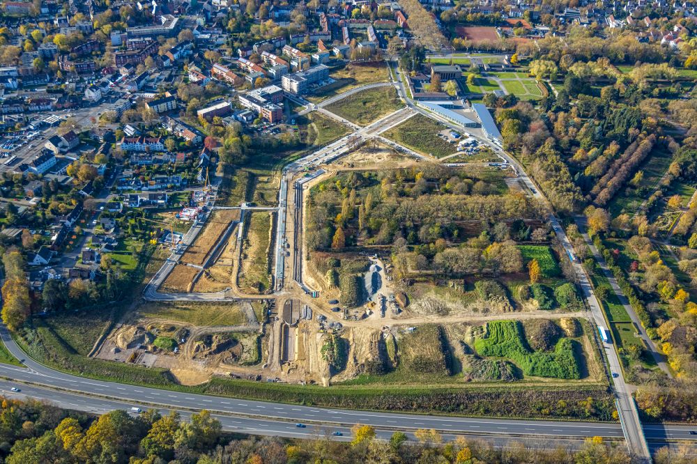 Aerial image Bochum - Construction site with development works and embankments works at Ostpark for the quarter Feldmark in the district Altenbochum in Bochum at Ruhrgebiet in the state North Rhine-Westphalia, Germany