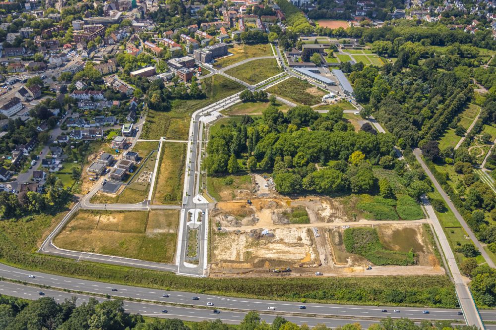 Aerial image Bochum - Construction site with development and earth piling work at the Ostpark Quartier Feldmark in the district of Altenbochum in Bochum in the Ruhr area in the state of North Rhine-Westphalia, Germany
