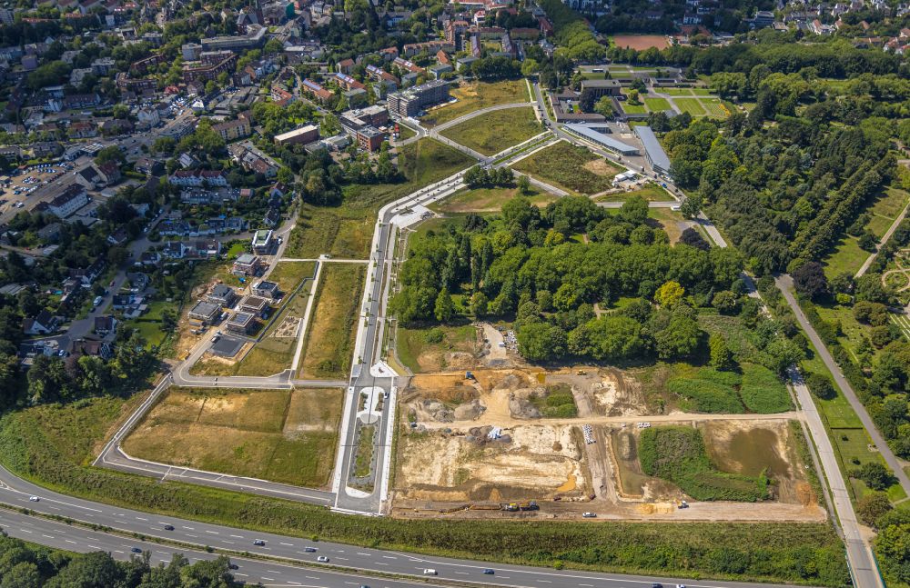 Aerial photograph Bochum - Construction site with development and earth piling work at the Ostpark Quartier Feldmark in the district of Altenbochum in Bochum in the Ruhr area in the state of North Rhine-Westphalia, Germany
