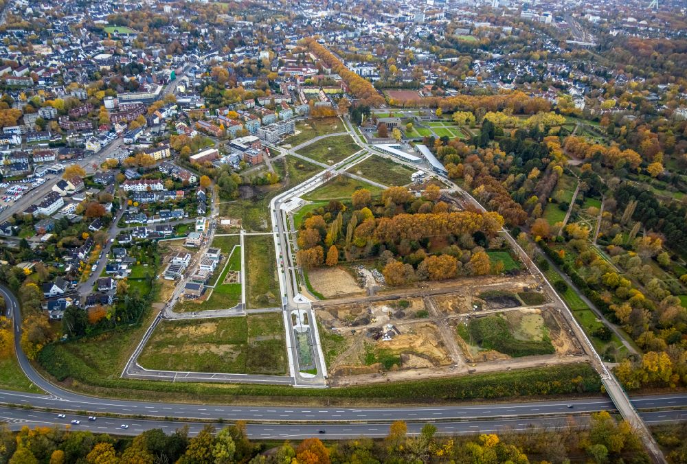 Aerial photograph Bochum - Construction site with development and earth piling work at the Ostpark Quartier Feldmark in the district of Altenbochum in Bochum in the Ruhr area in the state of North Rhine-Westphalia, Germany