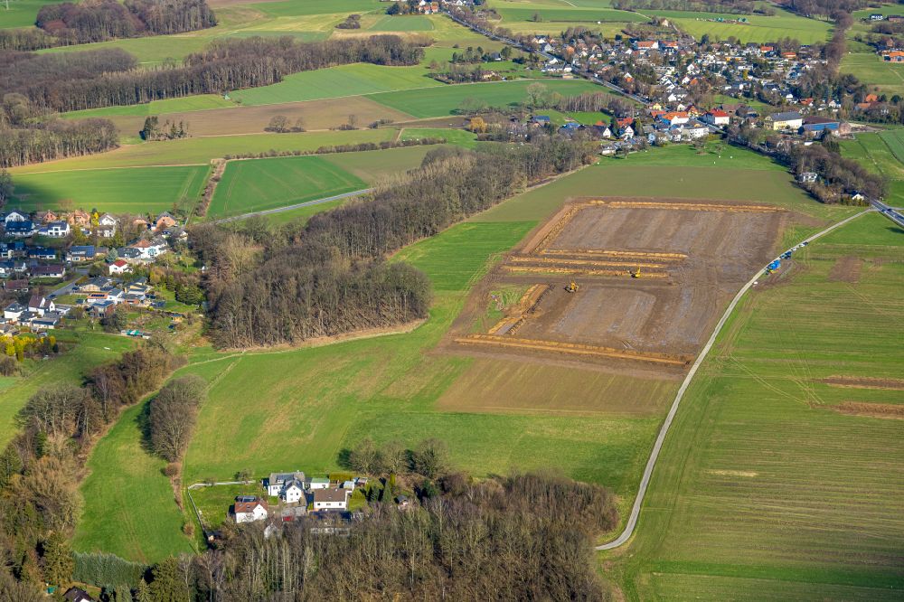 Aerial photograph Strickherdicke - Construction site with development works and embankments works in Strickherdicke at Sauerland in the state North Rhine-Westphalia, Germany