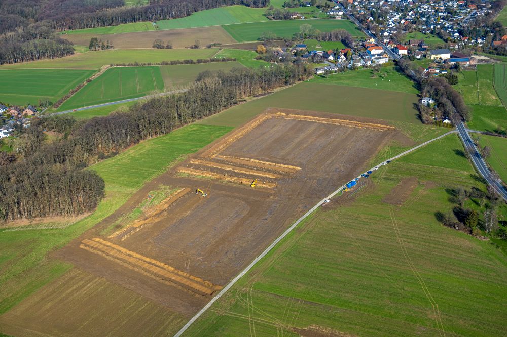 Strickherdicke from above - Construction site with development works and embankments works in Strickherdicke at Sauerland in the state North Rhine-Westphalia, Germany