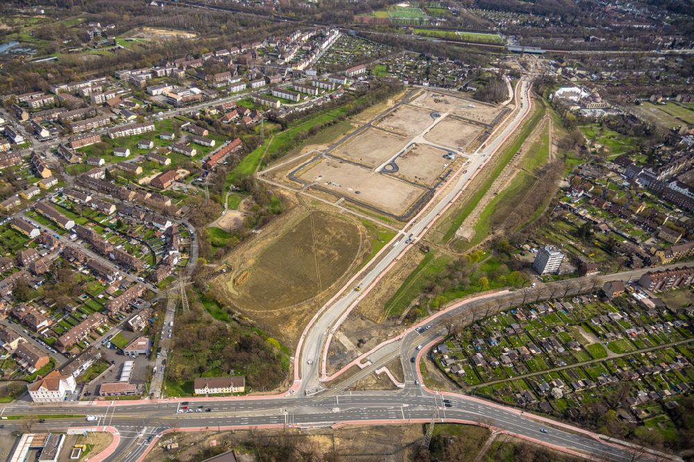 Aerial image Duisburg - Construction site with development and earthworks of the new residential building project Friedrich-Park on Breite Strasse in the district of Marxloh in Duisburg in the Ruhr area in the state North Rhine-Westphalia, Germany