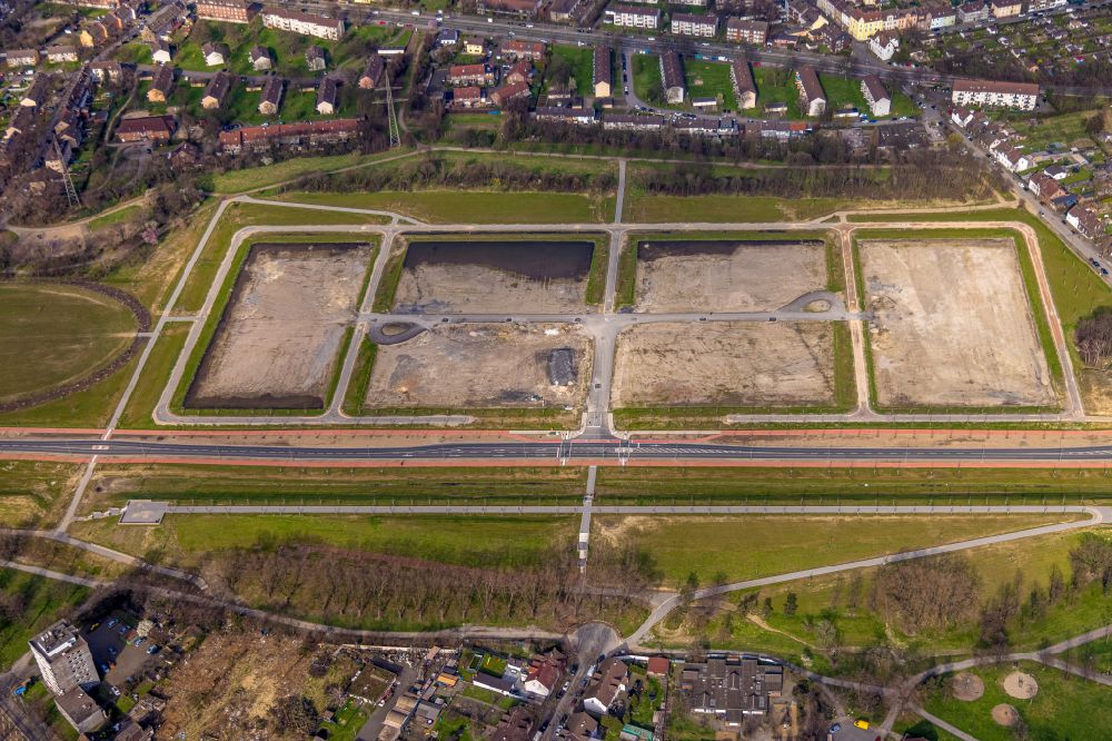 Aerial image Duisburg - Construction site with development and earthworks of the new residential building project Friedrich-Park on Breite Strasse in the district of Marxloh in Duisburg in the Ruhr area in the state North Rhine-Westphalia, Germany