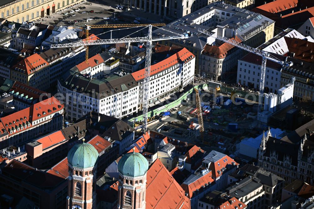 München from the bird's eye view: Construction site with development and earth dumping works for the 2nd main line of the railway at the future S-Bahn stop Marienhof in the district Altstadt - Lehel in Munich in the federal state of Bavaria, Germany