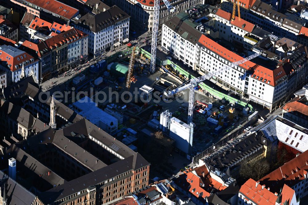 München from above - Construction site with development and earth dumping works for the 2nd main line of the railway at the future S-Bahn stop Marienhof in the district Altstadt - Lehel in Munich in the federal state of Bavaria, Germany