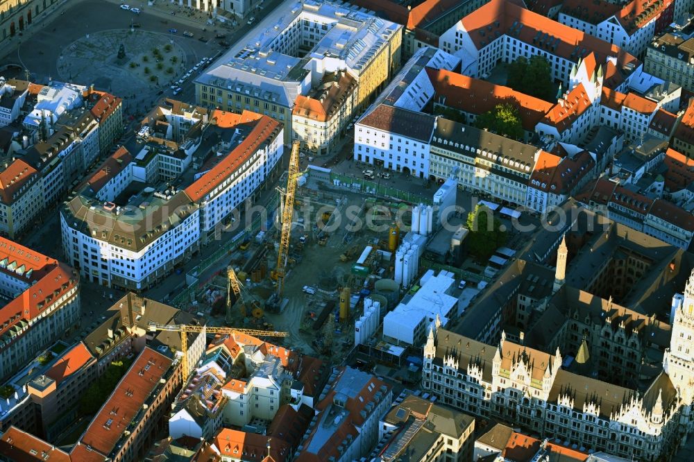 Aerial photograph München - Construction site with development and earth dumping works for the 2nd main line of the railway at the future S-Bahn stop Marienhof in the district Altstadt - Lehel in Munich in the federal state of Bavaria, Germany