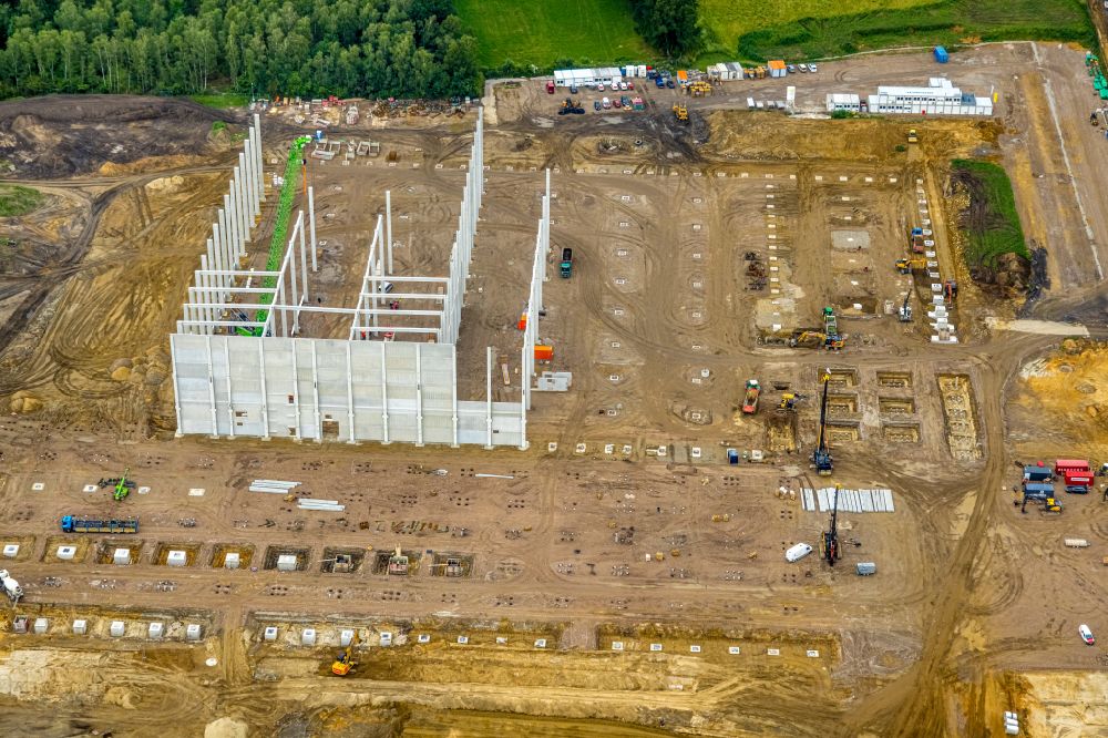 Aerial photograph Dorsten - Construction site with development and earth piling work on the industrial park Grosse Heide Wulfen on the site of the former Wulfen 1/2 pit of the Fuerst Leopold colliery in the district of Barkenberg in Dorsten in the Ruhr area in the state of North Rhine-Westphalia, Germany
