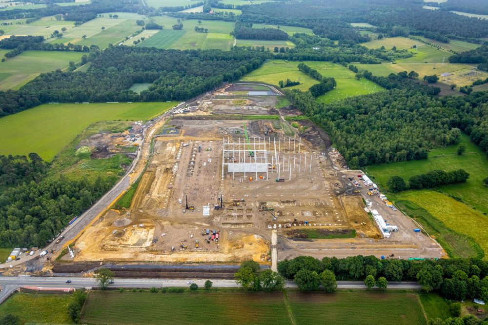Dorsten from above - Construction site with development and earth piling work on the industrial park Grosse Heide Wulfen on the site of the former Wulfen 1/2 pit of the Fuerst Leopold colliery in the district of Barkenberg in Dorsten in the Ruhr area in the state of North Rhine-Westphalia, Germany