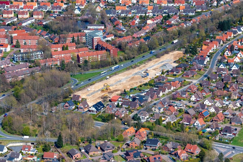 Stade from above - Construction site with development, foundation, earth and landfill works Bronzeschmiede in Stade in the state Lower Saxony, Germany