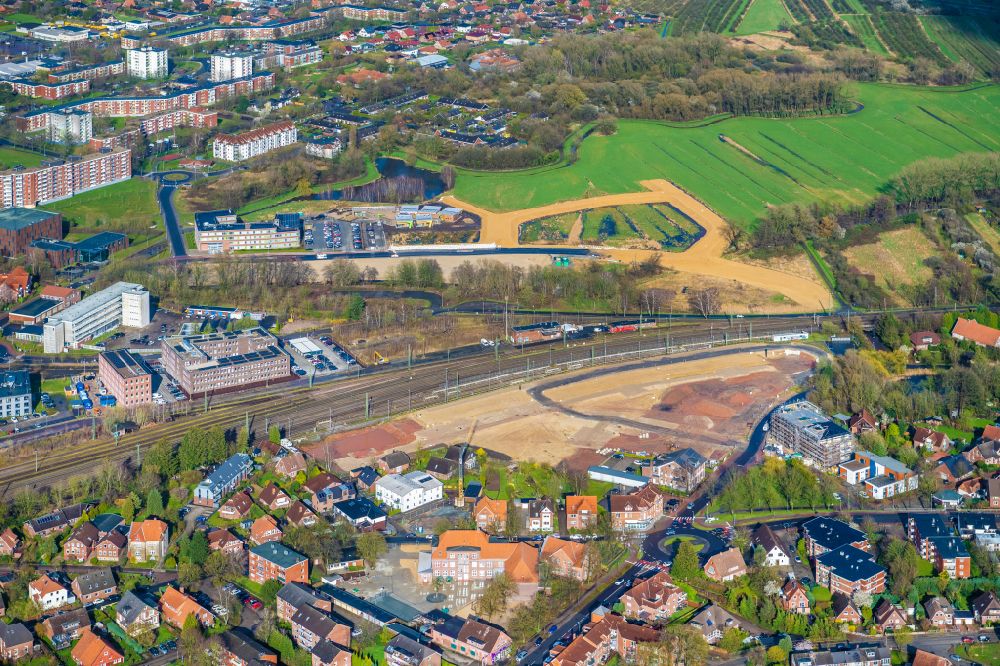 Stade from above - Construction site with development, priming and earthworks with landfills Am Gueterbahnhof New construction of a job center in Stade in the state Lower Saxony, Germany