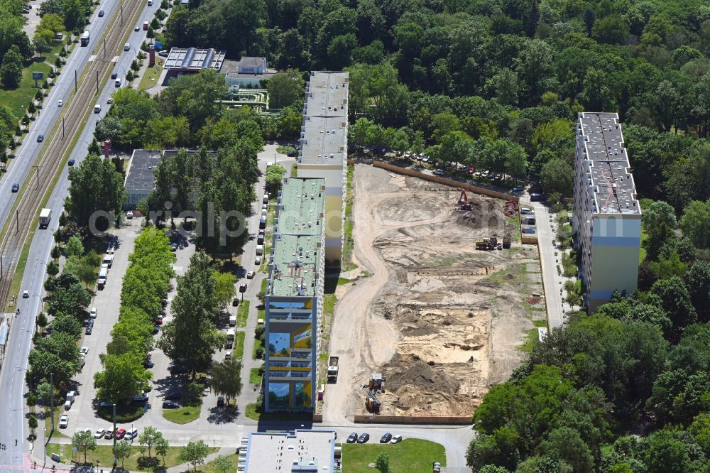 Berlin from above - Construction site with development, foundation, earth and landfill works on street Rhinstrasse in the district Friedrichsfelde in Berlin, Germany