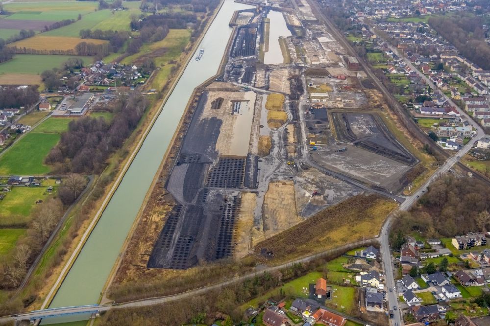 Aerial image Bergkamen - Construction site with development, foundation, earth and landfill works Wasserstadt Aden in the district Oberaden in Bergkamen in the state North Rhine-Westphalia, Germany