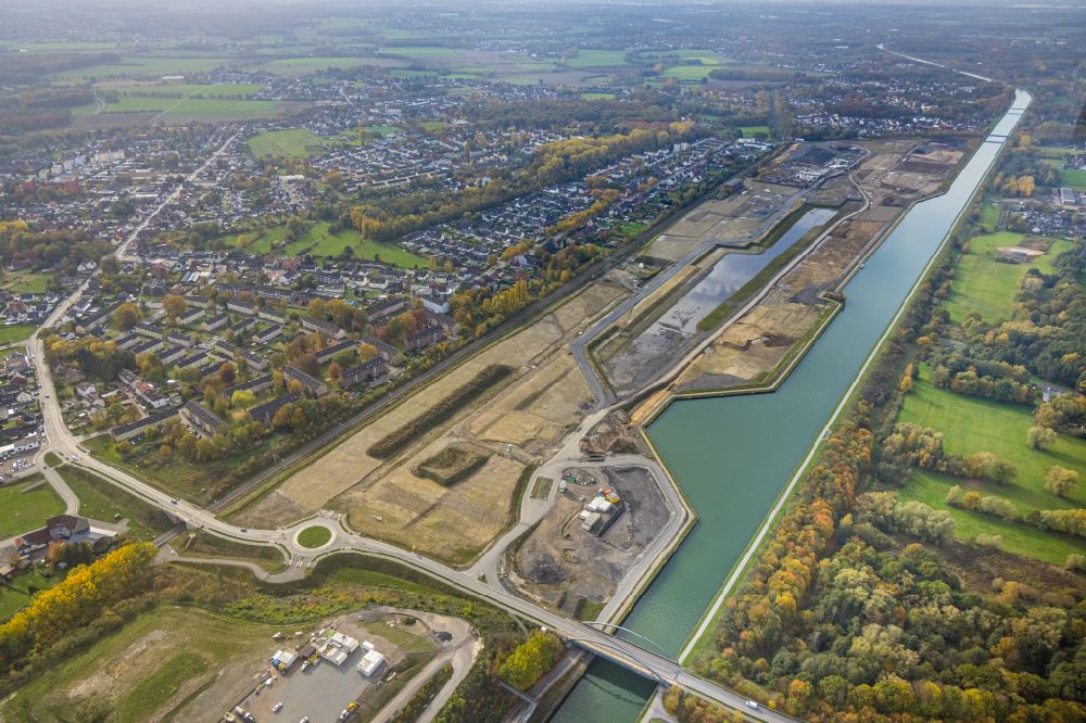 Aerial image Bergkamen - Construction site with development, foundation, earth and landfill works Wasserstadt Aden in the district Oberaden in Bergkamen at Ruhrgebiet in the state North Rhine-Westphalia, Germany