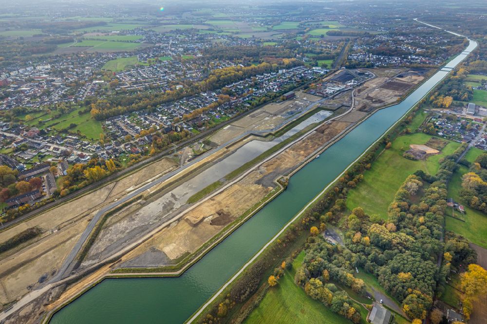 Aerial photograph Bergkamen - Construction site with development, foundation, earth and landfill works Wasserstadt Aden in the district Oberaden in Bergkamen at Ruhrgebiet in the state North Rhine-Westphalia, Germany