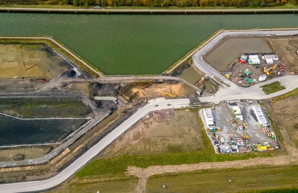 Aerial image Bergkamen - Construction site with development, foundation, earth and landfill works Wasserstadt Aden in Bergkamen at Ruhrgebiet in the state North Rhine-Westphalia, Germany