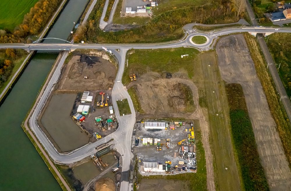 Bergkamen from above - Construction site with development, foundation, earth and landfill works Wasserstadt Aden in Bergkamen at Ruhrgebiet in the state North Rhine-Westphalia, Germany
