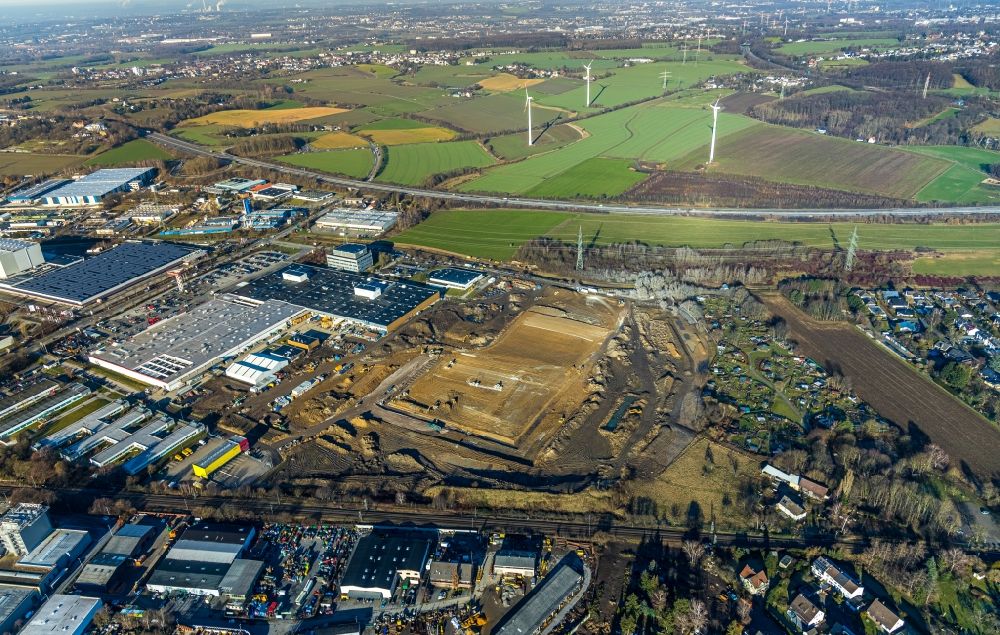 Witten from the bird's eye view: Construction site with development, foundation, earth and landfill works to the new building of a logistic center on Menglinghauser Strasse - Siemensstrasse in the district Ruedinghausen in Witten in the state North Rhine-Westphalia, Germany