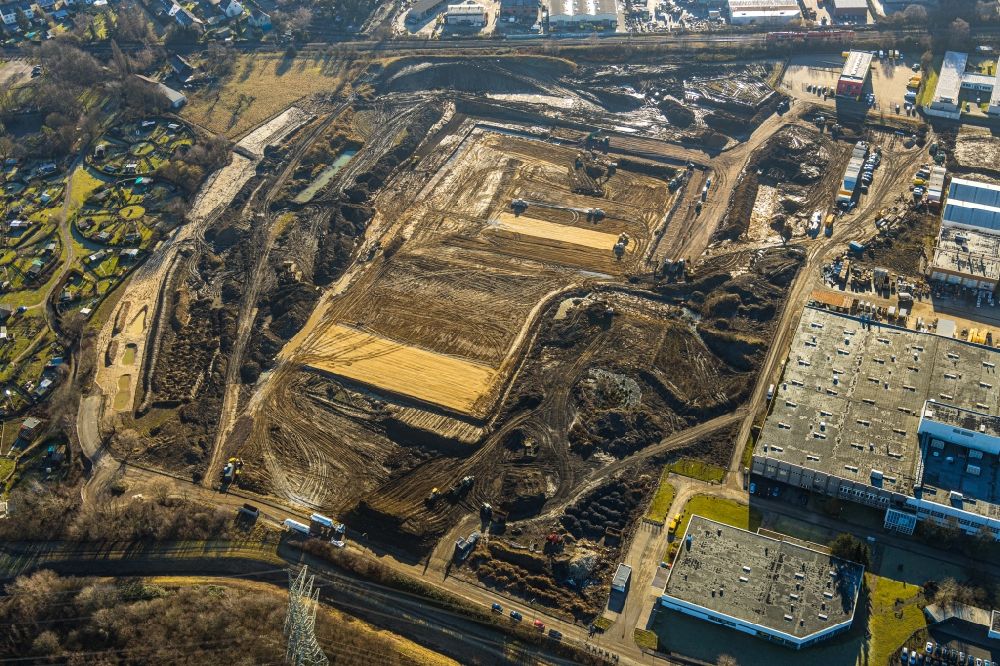 Witten from above - Construction site with development, foundation, earth and landfill works to the new building of a logistic center on Menglinghauser Strasse - Siemensstrasse in the district Ruedinghausen in Witten in the state North Rhine-Westphalia, Germany