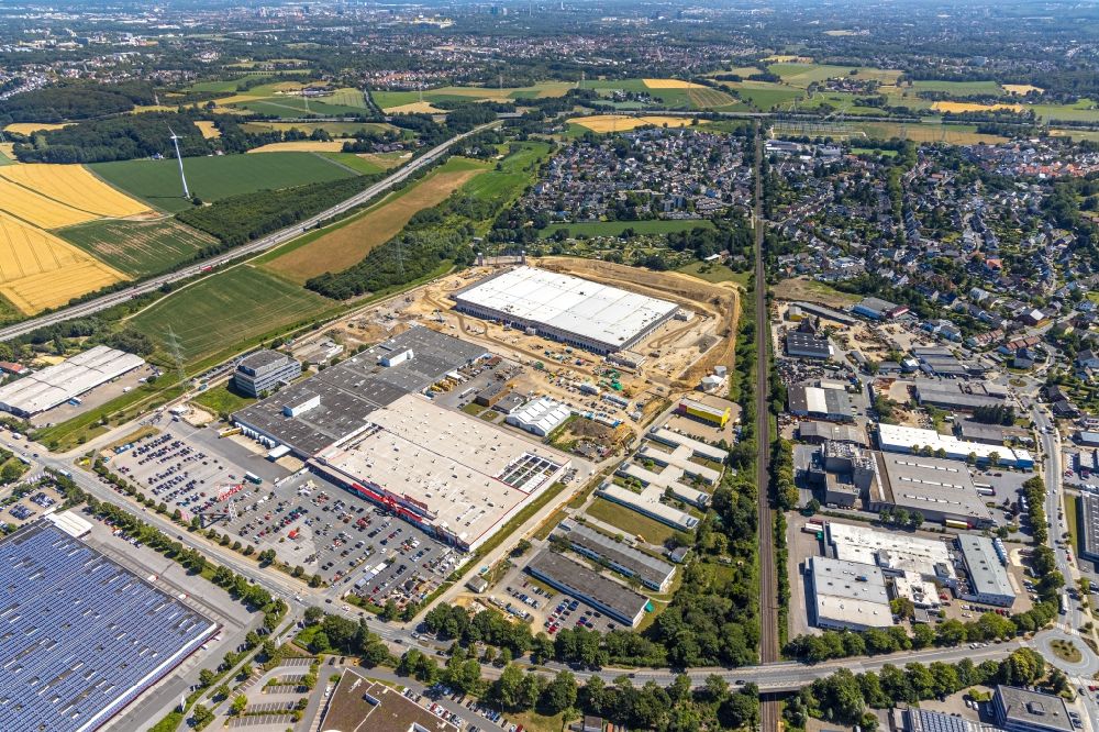 Aerial image Witten - Construction site with development, foundation, earth and landfill works to the new building of a logistic center on Menglinghauser Strasse - Siemensstrasse in the district Ruedinghausen in Witten in the state North Rhine-Westphalia, Germany