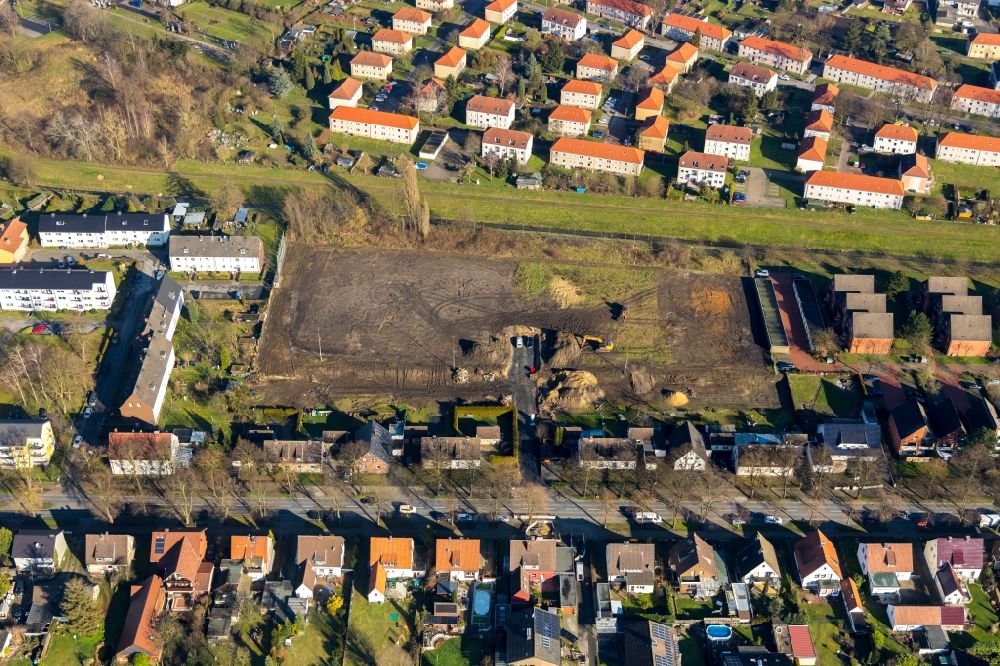 Aerial image Hamm - Construction site with development, foundation, earth and landfill works for the new building of a row house settlement Zum Torksfeld in the district Herringen in Hamm in the state North Rhine-Westphalia, Germany